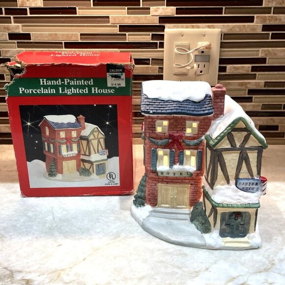 Christmas Village Hotel Barber Shopl Lighted Hand Painted House Porcelain Caldor - Picture 1 of 14